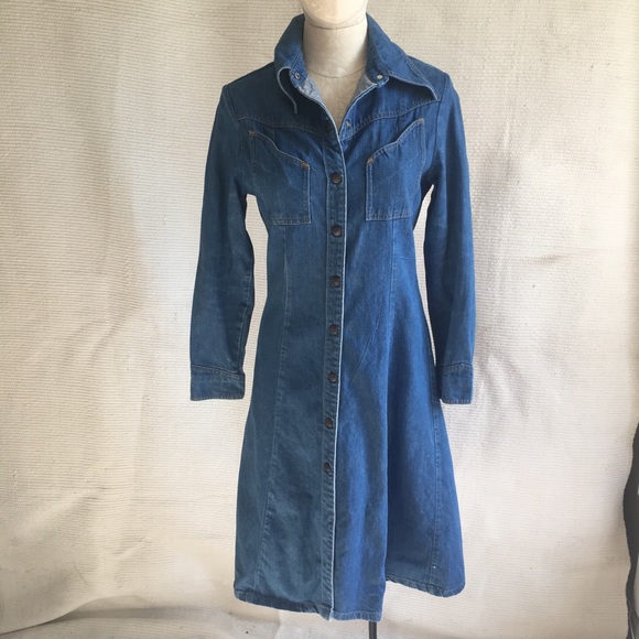 Vintage Dresses & Skirts - VTG 70s Landlubber Dress Western Denim Snap Coat